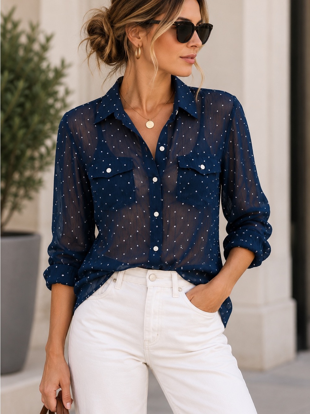 Abercrombie & Fitch Navy Polka Dot Sheer Button Down Blouse Top Size S